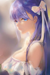 Rule 34 | 1girl, absurdres, alternate breast size, bare shoulders, blue eyes, blurry, bow, breasts, chinese commentary, closed mouth, commentary request, dress, fate (series), frilled dress, frilled one-piece swimsuit, frills, from side, hair between eyes, hair bow, highres, large breasts, liu liaoliao, long hair, looking at viewer, meltryllis, meltryllis (fate), meltryllis (swimsuit lancer) (fate), meltryllis (swimsuit lancer) (second ascension) (fate), off-shoulder dress, off shoulder, one-piece swimsuit, portrait, purple hair, solo, swimsuit, white bow