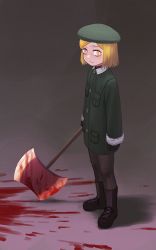 Rule 34 | 1girl, axe, blonde hair, blood, blood splatter, bloody weapon, boots, coat, fate/grand order, fate (series), hat, long sleeves, looking at viewer, pantyhose, paul bunyan (fate), short hair, solo, weapon, yellow eyes, yue (tada no saboten)