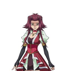 1girl breasts brown_eyes choker cleavage crazy_eyes crazy_smile elbow_gloves fingerless_gloves gloves hair_intakes izayoi_aki jewelry konami large_breasts looking_at_viewer necklace non-web_source official_art red_hair shaded_face shiny_skin skirt smile wide_hips yu-gi-oh! yu-gi-oh!_5d&#039;s