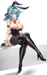 Rule 34 | 1girl, absurdres, alternate costume, arm belt, arm support, armpit crease, bare shoulders, black gloves, black leotard, black thighhighs, blue hair, boots, breasts, closed mouth, crossed legs, detached collar, elze (s01047480836), eula (genshin impact), genshin impact, gloves, hair ornament, half gloves, high heel boots, high heels, highleg, highleg leotard, highres, large breasts, leotard, looking at viewer, medium hair, necktie, orange eyes, playboy bunny, rabbit hair ornament, red necktie, sitting, solo, strapless, strapless leotard, thigh boots, thigh strap, thighhighs, undersized breast cup, white background, wrist cuffs