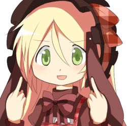 Rule 34 | 1girl, blonde hair, female focus, green eyes, kamikaxy, lolita fashion, long hair, lowres, mahou shoujo madoka magica, middle finger, open mouth, original, parody, simple background, smile, solo, style parody