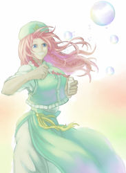 Rule 34 | 1girl, beret, blue eyes, blurry, blurry background, braid, breasts, bubble, blowing bubbles, chinese clothes, green background, green skirt, happy, hat, hong meiling, koyubi (littlefinger1988), large breasts, long hair, long skirt, pants, pink background, red hair, shirt, side slit, skirt, sleeves rolled up, solo, standing, star (symbol), tangzhuang, teeth, touhou, twin braids, very long hair, white background, white pants, white shirt, wind