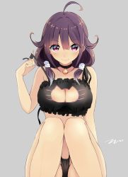 Rule 34 | 10s, 1girl, ahoge, bare shoulders, bell, black bra, black panties, bra, breasts, cat cutout, cat lingerie, choker, cleavage, cleavage cutout, clothing cutout, collarbone, fingernails, frilled bra, frills, grey background, hair between eyes, hair bobbles, hair flaps, hair ornament, highres, jingle bell, kantai collection, knees together feet apart, large breasts, legs together, lingerie, lips, looking at viewer, meme attire, navel, open bra, panties, pink eyes, purple hair, see-through, short hair, sidelocks, signature, simple background, smile, solo, spinning, stomach, strap lift, taigei (kancolle), tebi (tbd11), underwear, underwear only, undressing, open bra