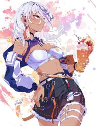 Rule 34 | 1girl, aer007580, alternate costume, belt, black shorts, breasts, carole peppers, cherry, chewing gum, cowboy shot, cup, dark-skinned female, dark skin, detached sleeves, drinking straw, earrings, food, fruit, hand on own hip, highres, holding, holding cup, honkai (series), honkai impact 3rd, jewelry, long hair, long sleeves, looking to the side, medium breasts, midriff, orange eyes, shorts, solo, strapless, thigh strap, tube top, white hair, white tube top