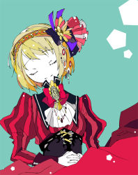 Rule 34 | 1girl, adapted costume, axis powers hetalia, blonde hair, brooch, closed eyes, colored skin, corset, dress, embellished costume, hair ornament, hair ribbon, hairband, jewelry, liechtenstein (hetalia), moyashi nabe, multicolored hair, own hands clasped, own hands together, red dress, ribbon, short hair, simple background, solo, striped clothes, striped dress, vertical stripes, white skin