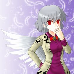 Rule 34 | 1girl, feathers, finger to face, gradient background, hand on own hip, kishin sagume, red eyes, silver hair, single wing, solo, touhou, wings, yani tama