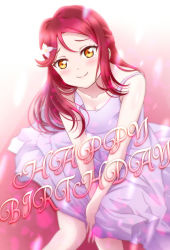 Rule 34 | 1girl, artist name, artist request, bare legs, bare shoulders, blush, breasts, brown eyes, close-up, collarbone, dress, female focus, hair between eyes, hair ornament, hair over shoulder, hairclip, highres, holding, holding clothes, holding skirt, long hair, looking at viewer, love live!, love live! sunshine!!, miniskirt, parted lips, plaid, plaid dress, plaid skirt, pleated, pleated dress, pleated skirt, red hair, sakurauchi riko, skirt, sleeveless, sleeveless dress, small breasts, smile, solo, white dress, white skirt, worried, yellow eyes