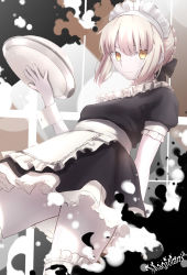 Rule 34 | 1girl, apron, artoria pendragon (fate), bad id, bad pixiv id, blonde hair, dress, fate/stay night, fate (series), hair ribbon, highres, looking at viewer, magicians (zhkahogigzkh), maid, maid apron, maid headdress, ribbon, saber (fate), saber alter, solo, tray, yellow eyes