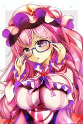 Rule 34 | 1girl, blush, bow, bowtie, breasts, cape, crescent, crescent hat ornament, double bun, dress, glasses, hair between eyes, hair bow, hair bun, hands up, hat, hat ornament, heart, highres, kana (user rkuc4823), large breasts, long hair, long sleeves, looking at viewer, mob cap, open mouth, patchouli knowledge, pink cape, pink dress, pink hair, pink hat, pink sleeves, purple bow, purple bowtie, purple dress, purple eyes, red bow, solo, striped clothes, striped dress, touhou, white dress
