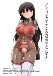 Rule 34 | 1girl, android, black hair, breasts, censored, cyborg, female focus, highres, large breasts, long hair, pussy, robot, solo, thighhighs, tokihama jirou, translation request, transparent, uterus, window