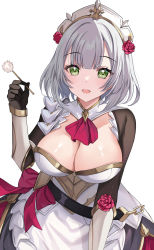 Rule 34 | 1girl, alternate breast size, apron, armor, ascot, blunt bangs, blush, breasts, cleavage, dress, flower, gauntlets, genshin impact, green eyes, grey hair, hair flower, hair ornament, harimoji, highres, large breasts, looking at viewer, maid, maid apron, maid headdress, mimikaki, noelle (genshin impact), open mouth, red ascot, red flower, red rose, rose, short hair, smile, solo, white apron, white background