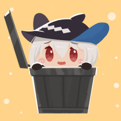 Rule 34 | 1girl, arknights, black gloves, black hat, blush stickers, chibi, chinese commentary, closed mouth, commentary request, eyes visible through hair, gloves, hair between eyes, hat, lieyan huangzi, long hair, open mouth, orange background, red eyes, silver hair, skadi (arknights), solo, trash can, wavy mouth