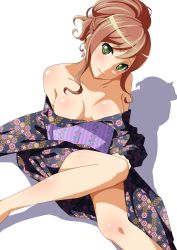 Rule 34 | 10s, 1girl, absurdres, areola slip, bang dream!, bare shoulders, blush, breasts, brown hair, cleavage, earrings, green eyes, head tilt, highres, imai lisa, japanese clothes, jewelry, kimono, looking at viewer, medium breasts, medium hair, no bra, off shoulder, ponytail, sakamata (sakamata4), shadow, simple background, sitting, smile, solo, white background