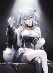 Rule 34 | 1girl, absurdres, ahoge, animal ears, black jacket, black pantyhose, black shirt, breasts, claw pose, cleavage, crop top, crossed legs, ear piercing, fangs, fur-trimmed jacket, fur trim, grey eyes, grey skirt, hair between eyes, highres, hololive, hyin, jacket, jewelry, large breasts, lion ears, lion girl, long hair, looking at viewer, messy hair, miniskirt, navel, necklace, pantyhose, piercing, see-through, see-through cleavage, shirt, shishiro botan, shishiro botan (1st costume), sidelocks, single leg pantyhose, sitting, skin tight, skirt, sleeveless, sleeveless shirt, solo, ssrb (shishiro botan), torn clothes, torn pantyhose, two side up, virtual youtuber