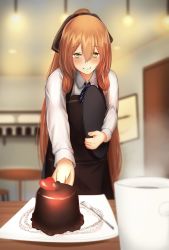 Rule 34 | 1girl, absurdres, apron, blush, bow, coffee mug, commentary request, cup, dessert, diagonal stripes, food, fork, girls&#039; frontline, green eyes, guchagucha, hair between eyes, hair bow, heart, highres, looking at viewer, mug, necktie, orange hair, partial commentary, smile, solo, springfield (girls&#039; frontline), steam, striped, tray, yellow background