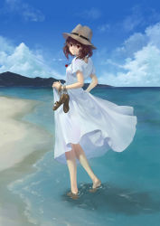Rule 34 | 1girl, barefoot, beach, brown hair, cloud, day, dress, feet, female focus, from behind, full body, hat, highres, jewelry, light smile, looking back, ocean, original, outdoors, pendant, red eyes, short hair, sky, soles, solo, totuka, wading, water, white dress