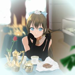 Rule 34 | 1girl, aqua bow, aqua eyes, artist name, artist request, black dress, blue eyes, blush, bow, bracelet, breasts, brown hair, cup, dress, elbow on table, female focus, flower, hair between eyes, half updo, high ponytail, highres, holding, indoors, jewelry, long hair, looking at viewer, love live!, love live! nijigasaki high school idol club, osaka shizuku, parted lips, pearl bracelet, pink lips, pitcher (container), plate, ponytail, red flower, red rose, rose, sleeveless, sleeveless dress, small breasts, smile, smoking pipe, solo, table, teacup, teapot, upper body