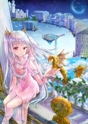 Rule 34 | 1girl, absurdres, against wall, bare legs, bird, blue background, blue hair, blush, building, choker, clock, cloud, crystal, dragon, dress, earth (planet), fantasy, feet out of frame, floating island, frills, hand up, highres, hoshikage wataru, looking at viewer, original, planet, red dress, red eyes, ribbon, roman numeral, sky, smile, star (sky), toy block, translucent hair, water, waterfall, white ribbon, window