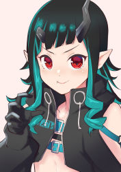 Rule 34 | 1girl, nanashi inc., belt, belt bra, black gloves, black hair, black jacket, blue belt, blue hair, blush, chest belt, closed mouth, clothing cutout, commentary request, cropped jacket, demon girl, demon horns, fang, fang out, flat chest, gloves, hanerilove, highres, horns, jacket, long hair, long sleeves, looking at viewer, multicolored hair, open clothes, open jacket, pointy ears, red eyes, shishio chris, shoulder cutout, simple background, smile, solo, sugar lyric, two-tone hair, upper body, virtual youtuber, white background