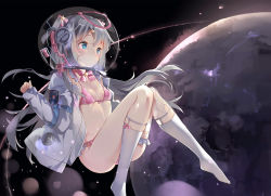 Rule 34 | 1girl, astronaut, asymmetrical legwear, bikini, blush, bow, bowtie, closed mouth, emblem, expressionless, fishnet kneehighs, fishnets, frilled bikini, frilled kneehighs, frills, grey jacket, grey socks, hair bow, hair ornament, helmet, highres, jacket, kikistark, kneehighs, knees together feet apart, knees up, lens flare, long hair, long sleeves, looking away, moon, nasa, no shoes, open clothes, open jacket, original, pink bikini, pink bow, pink bowtie, silver hair, single thighhigh, sleeves past wrists, socks, solo, space, space helmet, spacesuit, star (sky), star (symbol), star hair ornament, swimsuit, thighhighs, thighs, twintails, two side up, uneven legwear, very long hair