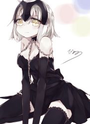 Rule 34 | 1girl, ahoge, bare shoulders, black dress, black sleeves, black thighhighs, breasts, chain, cleavage, collar, collarbone, commentary request, detached sleeves, dot nose, dress, fate/grand order, fate (series), headpiece, jeanne d&#039;arc (fate), jeanne d&#039;arc alter (avenger) (fate), jeanne d&#039;arc alter (fate), kamizaki hibana, kneeling, large breasts, looking at viewer, short hair, signature, silver hair, solo, strapless, thighhighs, yellow eyes