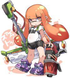 Rule 34 | 1girl, bike shorts, black shorts, commentary request, full body, inkling, inkling girl, inkling player character, karukan (monjya), long hair, mask, nintendo, open mouth, orange eyes, orange hair, oversized object, paint roller, pointy ears, shirt, shoes, shorts, simple background, sneakers, solo, t-shirt, tentacle hair, weapon, white background, white shirt