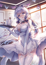 Rule 34 | 1girl, apron, azur lane, bare shoulders, blue eyes, blue gemstone, blush, breasts, choker, cleavage, covering privates, covering crotch, cup, detached collar, diffraction spikes, dress, elbow gloves, floating hair, frills, gem, gloves, hair ornament, hair ribbon, holding, holding tray, illustrious (azur lane), indoors, large breasts, long hair, looking at viewer, maid, maid apron, maid headdress, mole, mole under eye, open mouth, ribbon, sidelocks, smile, solo, spill, teapot, thighhighs, tray, tress ribbon, victorian maid, white dress, white gloves, white hair, xing