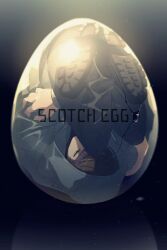 Rule 34 | 1boy, black background, black hair, black pants, bullet hole, character name, covered mouth, crack, cracked egg, crossed ankles, crossed arms, echo (circa), egg, facial hair, fetal position, full body, grey hoodie, hood, hood up, hoodie, in container, light particles, long sleeves, male focus, meitantei conan, one eye covered, pants, scotch (meitantei conan), self hug, shoe soles, short hair, solo, stubble, upside-down