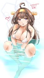 Rule 34 | 1girl, 2018, ahoge, bikini, bikini day, breasts, brown hair, cleavage, heart, highres, kantai collection, kongou (kancolle), large breasts, long hair, looking at viewer, parted lips, partially submerged, purple eyes, solo, swimsuit, tororo ten, v arms, white bikini