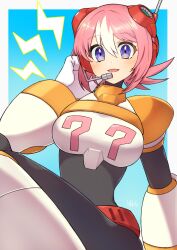 Rule 34 | 1girl, blush, breasts, highres, large breasts, looking at viewer, mega man (series), mega man x: command mission, mega man x (series), multicolored hair, nana (mega man x: command mission), open mouth, pink hair, purple eyes, short hair, smile, solo, tobitori, white hair