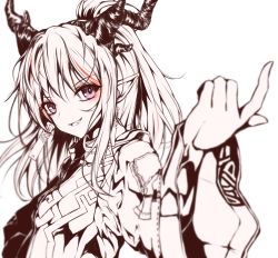 Rule 34 | 1girl, arknights, commentary request, earrings, grin, hair between eyes, highres, horns, jewelry, long hair, long sleeves, mage (335656), multicolored hair, multiple monochrome, nian (arknights), provocation, purple eyes, red hair, smile, solo, streaked hair, upper body