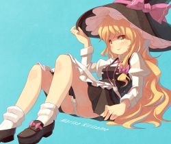 Rule 34 | &gt;:), 1girl, ass, blonde hair, blue background, blueberry (5959), bow, cameltoe, character name, female focus, hat, kirisame marisa, loafers, looking at viewer, panties, pantyshot, puffy sleeves, pussy, shoes, simple background, sitting, smirk, socks, solo, touhou, trefoil, underwear, v-shaped eyebrows, white panties, white socks, witch, witch hat, yellow eyes