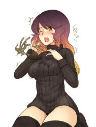 Rule 34 | 1girl, bad id, bad pixiv id, black thighhighs, blonde hair, blush, cup, female focus, gradient hair, hijiri byakuren, long hair, multicolored hair, one eye closed, open mouth, purple hair, ribbed sweater, saliva, solo, spilling, sweater, tears, thighhighs, touhou, two-tone hair, urin, wink