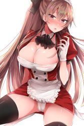 Rule 34 | 1girl, adapted costume, alternate costume, apron, ascot, azur lane, bad id, bad pixiv id, black thighhighs, breasts, brown hair, cameltoe, cleavage, commentary request, detached sleeves, embarrassed, enmaided, frown, gloves, hair between eyes, hand up, highres, large breasts, long hair, looking at viewer, maid, mikumo shinden, mole, mole under mouth, panties, ponytail, red eyes, shiny skin, sidelocks, skindentation, solo, swiftsure (azur lane), thighhighs, thighs, underwear, very long hair, waist apron, white apron, white gloves, white panties