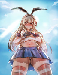 Rule 34 | 1girl, :&lt;, animal ears, black hairband, black panties, blonde hair, blue skirt, blue sky, blush, bow (bhp), bow hairband, brown eyes, closed mouth, cropped shirt, day, elbow gloves, embarrassed, fake animal ears, gloves, hairband, highleg, highleg panties, highres, holding, kantai collection, long hair, looking at viewer, microskirt, navel, nose blush, outdoors, panties, pleated skirt, rabbit ears, red thighhighs, shimakaze (kancolle), shirt, skindentation, skirt, sky, solo, standing, striped clothes, striped thighhighs, thighhighs, underwear, upskirt, white gloves, white shirt