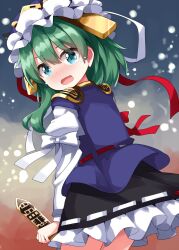 Rule 34 | 1girl, aqua eyes, black skirt, blush, bow, commentary request, cowboy shot, crying, embarrassed, frilled hat, frilled skirt, frills, gold, green hair, hat, highres, holding, long hair, long sleeves, looking at viewer, mob cap, nose blush, open mouth, purple vest, red ribbon, ribbon, ribbon-trimmed skirt, ribbon-trimmed vest, ribbon trim, rod of remorse, ruu (tksymkw), shiki eiki, shirt, skirt, sleeve bow, solo, split mouth, standing, touhou, turning head, vest, white bow, white shirt