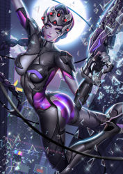 1girl, ass, bodysuit, boots, braid, braided ponytail, breasts, broken glass, colored skin, full moon, glass, gun, high heel boots, high heels, highres, impossible bodysuit, impossible clothes, large breasts, liang xing, long hair, looking at viewer, moon, overwatch, overwatch 2, purple skin, rifle, signature, sniper rifle, tagme, very long hair, weapon, widowmaker (overwatch), yellow eyes