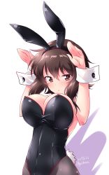 Rule 34 | 1girl, absurdres, animal ears, arms up, black leotard, black pantyhose, blush, breasts, brown eyes, brown hair, commentary, covered navel, dated, fake animal ears, fake tail, girls und panzer, highres, kuzuryuu kennosuke, large breasts, leotard, looking at viewer, nishizumi maho, one-hour drawing challenge, pantyhose, parted lips, playboy bunny, rabbit ears, rabbit pose, rabbit tail, short hair, simple background, solo, strapless, strapless leotard, tail, twitter username, white background, wrist cuffs
