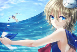 Rule 34 | 2boys, anchor, androgynous, blonde hair, blue eyes, blue hair, blue sailor collar, crop top, closed eyes, hat, highres, looking back, male focus, multiple boys, open mouth, original, purple hair, sailor collar, sailor hat, shino (syllable), trap, water