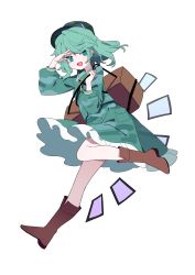 Rule 34 | 1girl, absurdres, backpack, bag, bing zizi, blue hat, boots, breasts, brown footwear, camouflage, camouflage headwear, camouflage jacket, camouflage shirt, camouflage skirt, card, flat cap, full body, gesture, green eyes, green hair, hat, highres, jacket, jewelry, kappa, key, key necklace, medium hair, necklace, shirt, short hair, simple background, skirt, skirt set, small breasts, touhou, white background, yamashiro takane