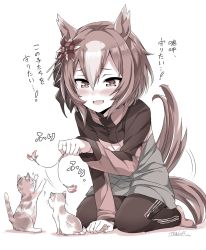 Rule 34 | 1girl, :d, animal ears, artist name, between legs, blush, casual, cat, commentary request, flower, full body, hair between eyes, hair flower, hair ornament, hand between legs, highres, holding, horse ears, horse girl, horse tail, jacket, kneeling, kugimiya atsuki, monochrome, multicolored hair, open mouth, pants, playing, short hair, signature, smile, solo, tail, tail wagging, track pants, translation request, umamusume, yaeno muteki (umamusume)