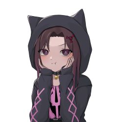 Rule 34 | 1girl, bell, belt, belt collar, black jacket, breasts, brown hair, choker, commission, commissioner upload, digital hazard, dusk (wayanfa), emblem, grey eyes, hair ornament, hands on own chin, highres, hood, hood up, hoodie, jacket, long hair, long sleeves, looking at viewer, neck bell, non-web source, original, pawtaa, pink shirt, pout, puffy cheeks, shirt, sigil, small breasts, upper body, white background