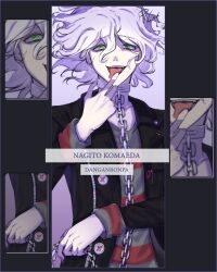 Rule 34 | 1boy, absurdres, black jacket, buttons, chain, character name, collar, collarbone, copyright name, danganronpa (series), danganronpa another episode: ultra despair girls, fangs, grey background, grey hair, hair between eyes, hand up, highres, jacket, komaeda nagito, long sleeves, looking at viewer, male focus, medium hair, messy hair, metal collar, multiple views, open clothes, open jacket, open mouth, plcma, servant (danganronpa), shirt, smile, striped clothes, striped shirt, teeth, tongue, tongue out, upper body