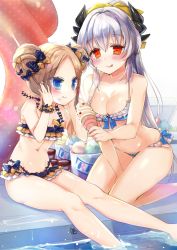 Rule 34 | 2girls, :p, :t, abigail williams (fate), bare arms, bare shoulders, bikini, black bikini, black bow, blonde hair, blue bikini, blue eyes, blush, bow, breasts, cleavage, closed mouth, collarbone, commentary request, double bun, dragon horns, eating, emerald float, fate/grand order, fate (series), food, food on face, forehead, frilled bikini, frills, hair between eyes, hair bow, hair bun, hands on own face, high ponytail, holding, holding food, horns, ice cream, ice cream cone, ice cream on face, innertube, jin young-in, kiyohime (fate), kiyohime (fate/grand order), kiyohime (swimsuit lancer) (fate), kiyohime (swimsuit lancer) (third ascension) (fate), kneeling, large breasts, long hair, multiple girls, official alternate costume, orange bow, parted bangs, polka dot, polka dot bow, ponytail, red eyes, side bun, silver hair, single side bun, sitting, soft serve, swim ring, swimsuit, tongue, tongue out, very long hair, yellow bow