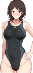 Rule 34 | 1girl, amagami, breasts, brown eyes, brown hair, collarbone, competition swimsuit, cowboy shot, gluteal fold, hand on own hip, highleg, highleg swimsuit, highres, large breasts, looking at viewer, mobu, one-piece swimsuit, short hair, solo, swimsuit, takahashi maya, thigh gap, two-tone swimsuit