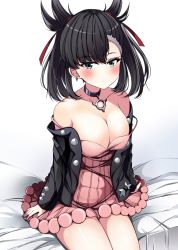 Rule 34 | 1girl, alternate breast size, asymmetrical bangs, bare shoulders, black hair, black jacket, blue eyes, breasts, choker, cleavage, collarbone, creatures (company), dress, earrings, game freak, highres, jacket, jewelry, large breasts, long hair, long sleeves, looking at viewer, marnie (pokemon), nintendo, off shoulder, open clothes, open jacket, pink dress, pokemon, pokemon swsh, sitting, sleeveless, sleeveless dress, solo, spaghetti strap, strap slip, thighs, trista (makkoivenus), twintails, white background
