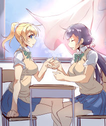 Rule 34 | 10s, 2girls, absurdres, ajishio, ayase eli, chair, curtains, desk, closed eyes, holding hands, highres, long hair, love live!, love live! school idol project, low twintails, multiple girls, open window, pleated skirt, ponytail, profile, school desk, school uniform, scrunchie, sitting, skirt, smile, sweater vest, tojo nozomi, twintails, window, yuri