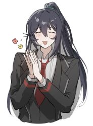 Rule 34 | 1boy, black hair, black vest, blue hair, blush, bonno sasu, closed eyes, coat, collared shirt, half updo, high ponytail, highres, hong lu (project moon), limbus company, long hair, male focus, necktie, open mouth, own hands together, project moon, red necktie, shirt, simple background, smile, solo, very long hair, vest, white background