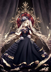 Rule 34 | 1girl, 2018, bambi nano, black dress, black gloves, dark persona, dress, fate/grand order, fate (series), feather hair ornament, feathers, floating hair, flower, gloves, hair between eyes, hair flower, hair ornament, head tilt, highres, long hair, looking at viewer, marie antoinette (fate), parted lips, signature, silver hair, sitting, sleeveless, sleeveless dress, smile, solo, very long hair, white flower, yellow eyes