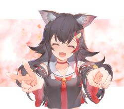 Rule 34 | 1girl, animal ear fluff, animal ears, black hair, blurry, blurry background, blush, cherry blossoms, closed eyes, detached sleeves, facing viewer, hair ornament, hairclip, hololive, izumi sai, kouhaku nawa, long hair, long sleeves, multicolored hair, ookami mio, ookami mio (1st costume), open mouth, photo background, red hair, red neckwear, rope, shimenawa, smile, solo, streaked hair, upper body, v, very long hair, virtual youtuber, wolf ears, wolf girl